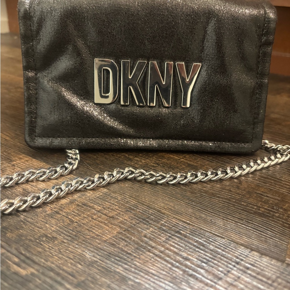 DKNY Metallic Black Crossbody Bag with Chain Strap